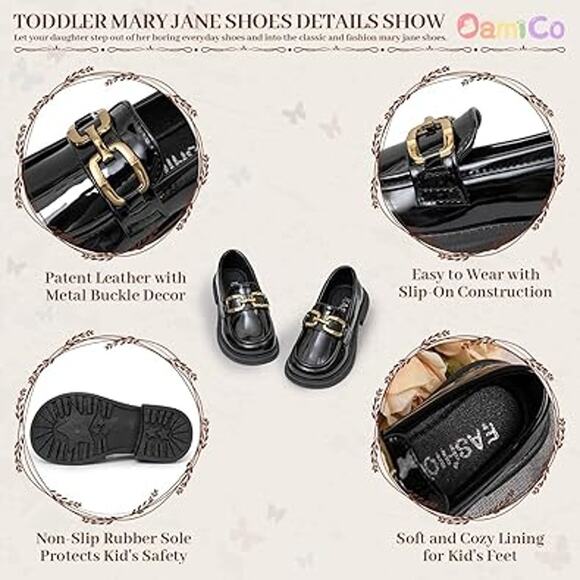 New Oamico Toddler Girls 13 Shiny Black Gold Buckle Slide On Loafer Dress Shoes - Picture 3 of 5